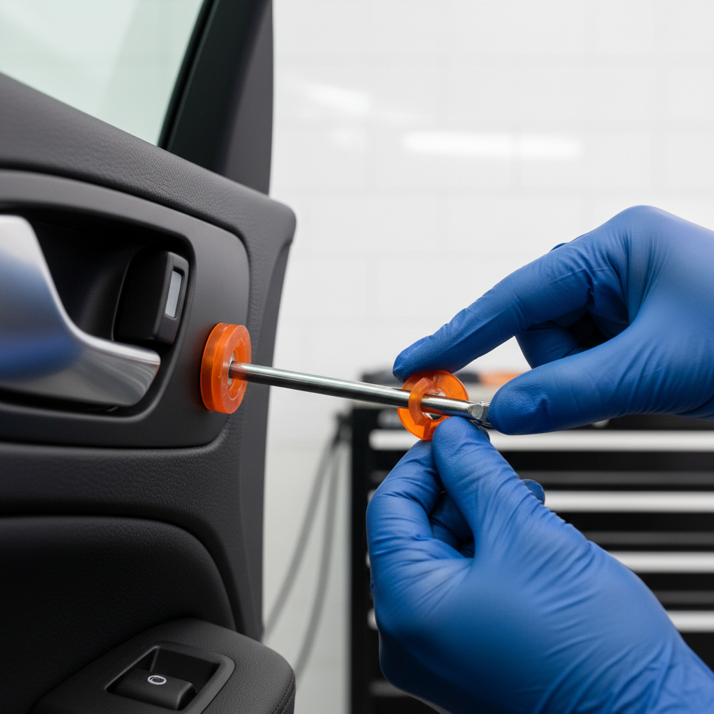 Inspecting car door handle linkage rod and plastic clip inside door