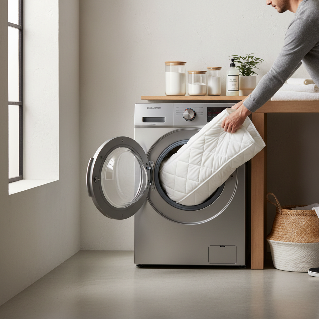 Home laundry setup washing a waterproof mattress protector on gentle cycle