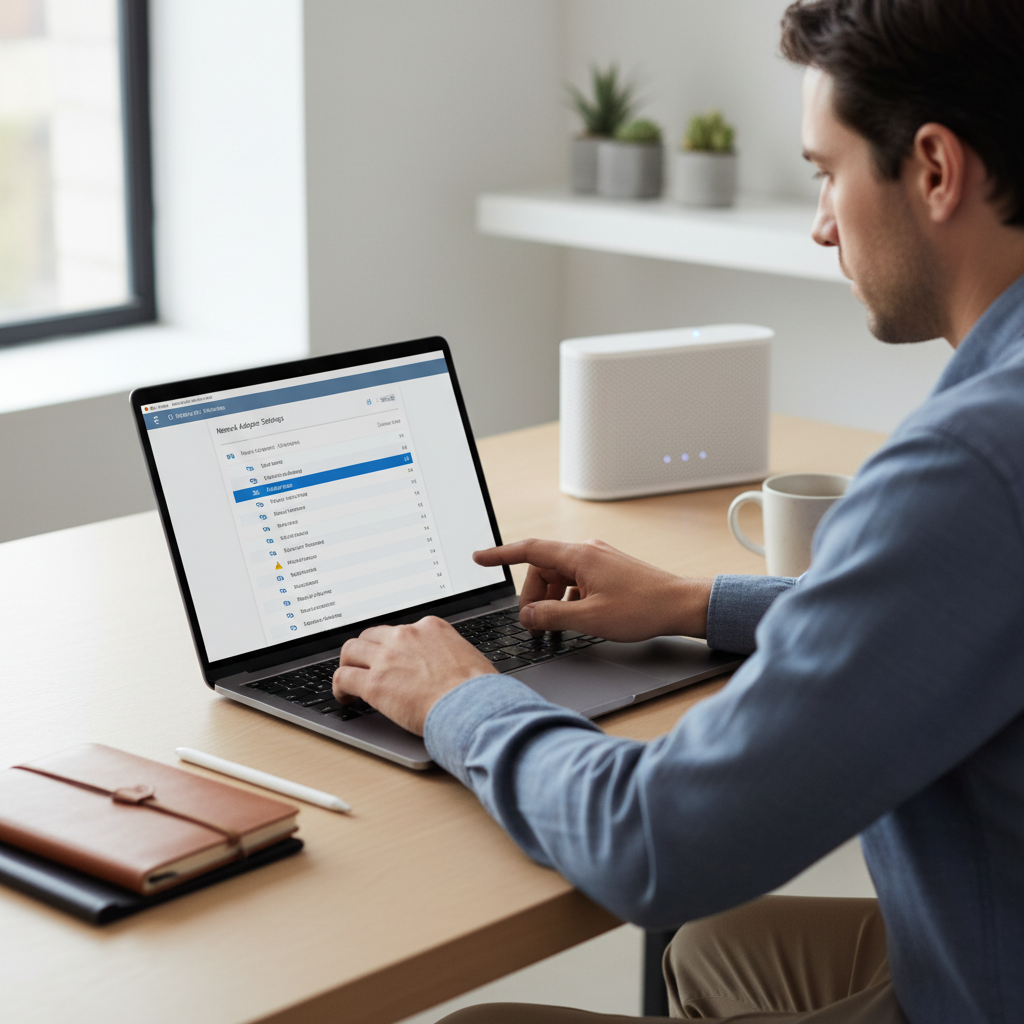 Person troubleshooting laptop WiFi adapter settings and router compatibility
