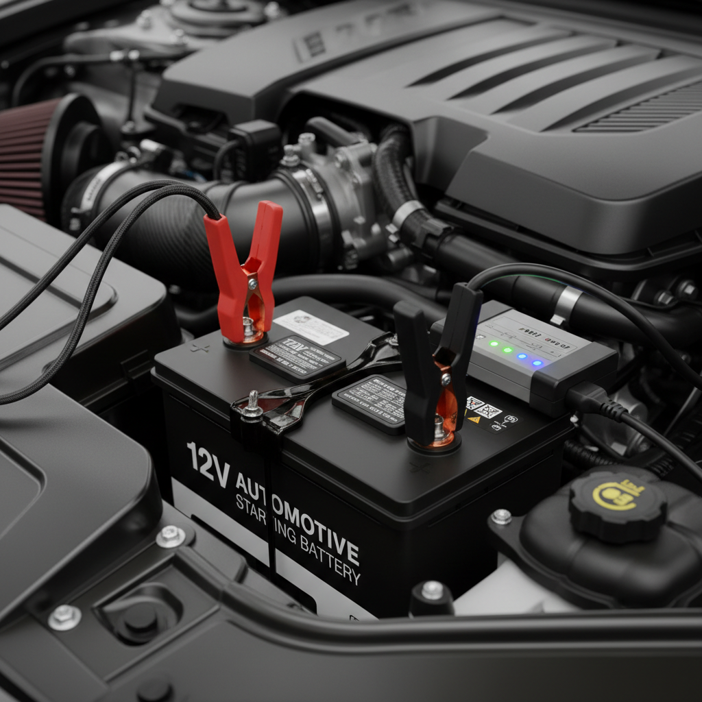 Close-up of a car battery terminals with maintainer clamps and LED indicators