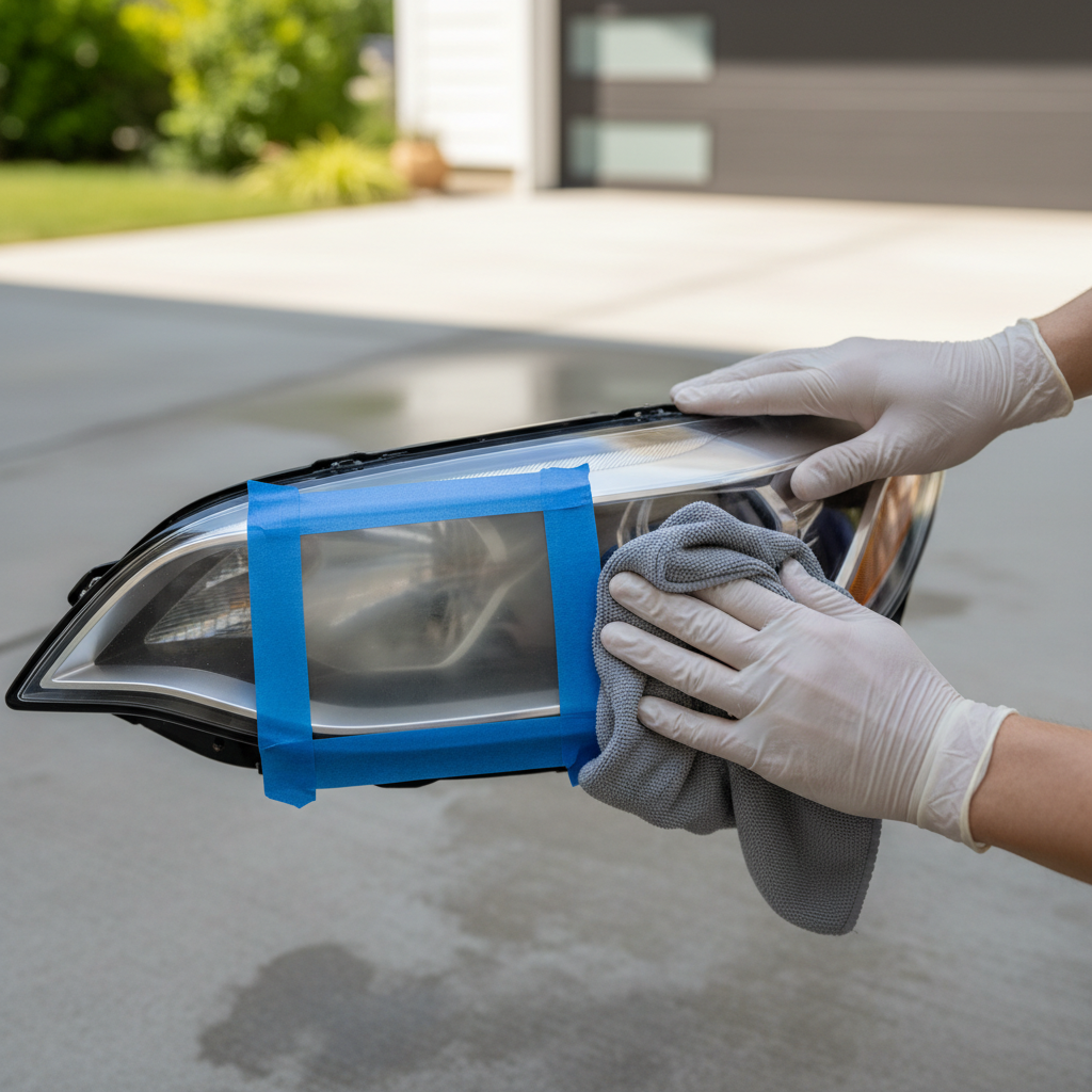 Masking tape test on headlight to compare clarity before and after polishing