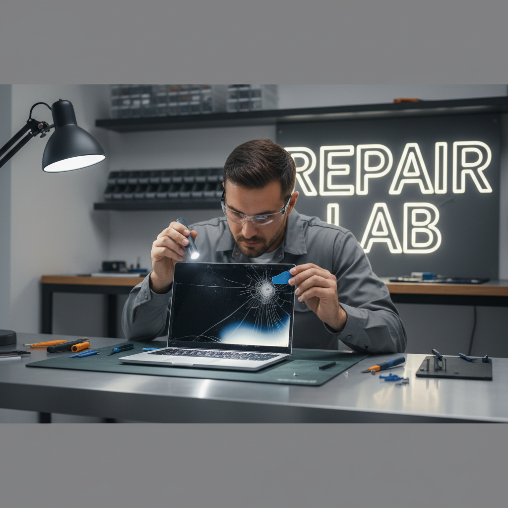 Technician inspecting a laptop display for cracks and backlight issues
