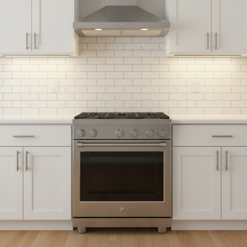 Ceramic subway tile backsplash with light grout in a budget kitchen