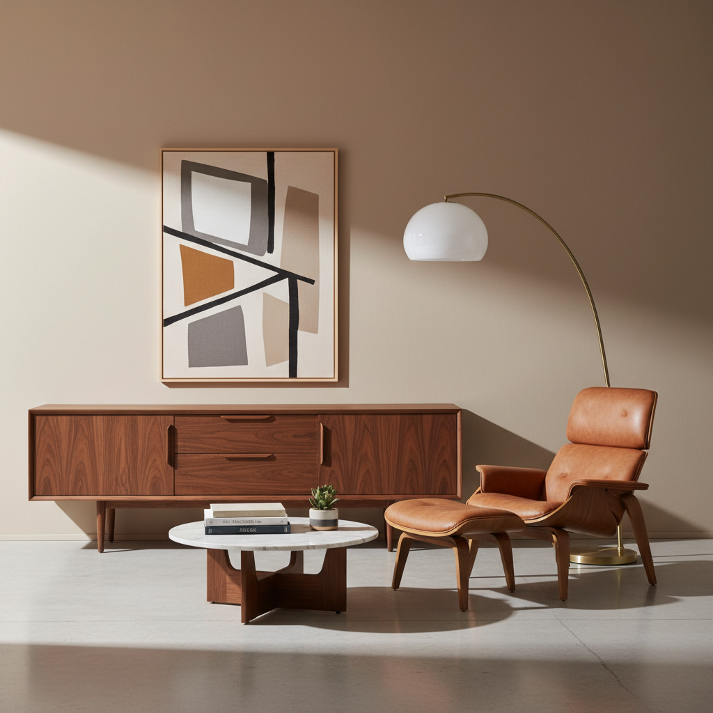 Iconic mid-century modern furniture set with credenza, lounge chair, and arc floor lamp