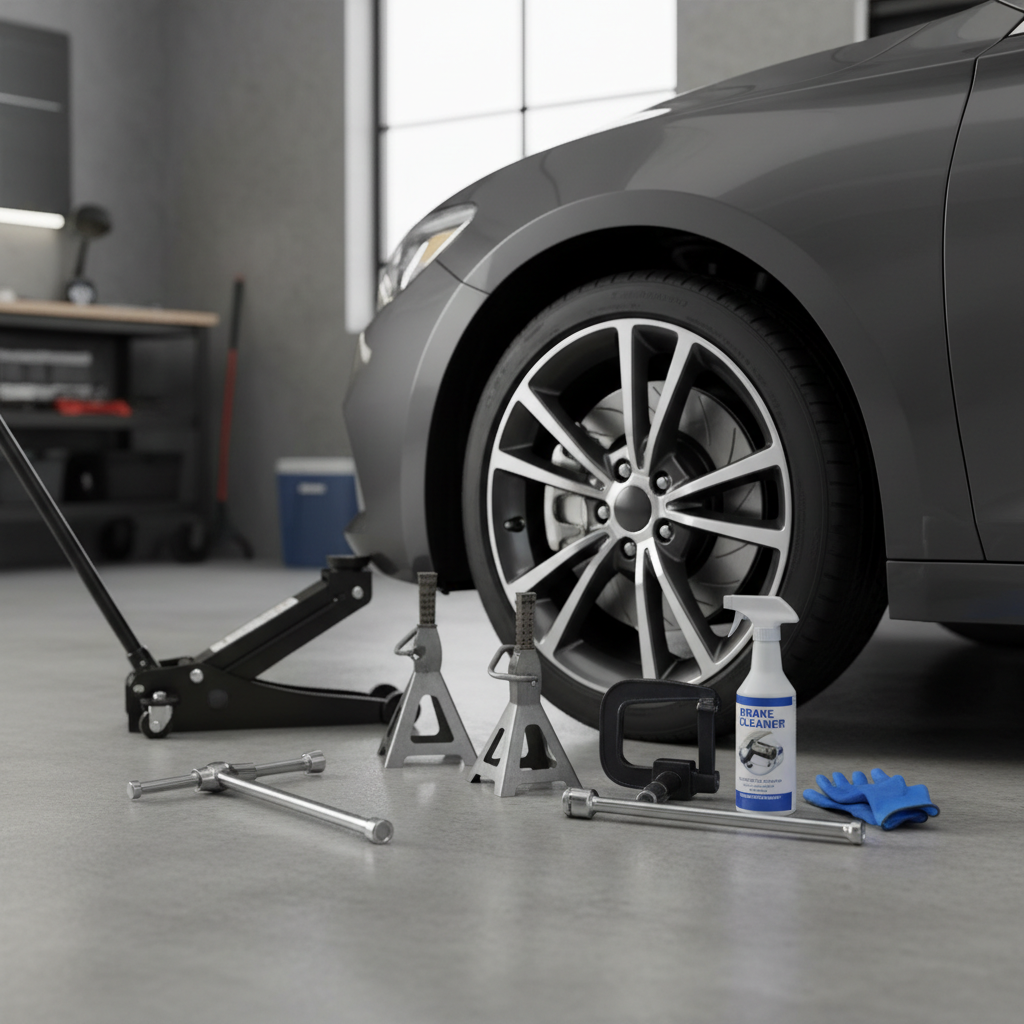 Front brake pad replacement tools laid out next to a car wheel