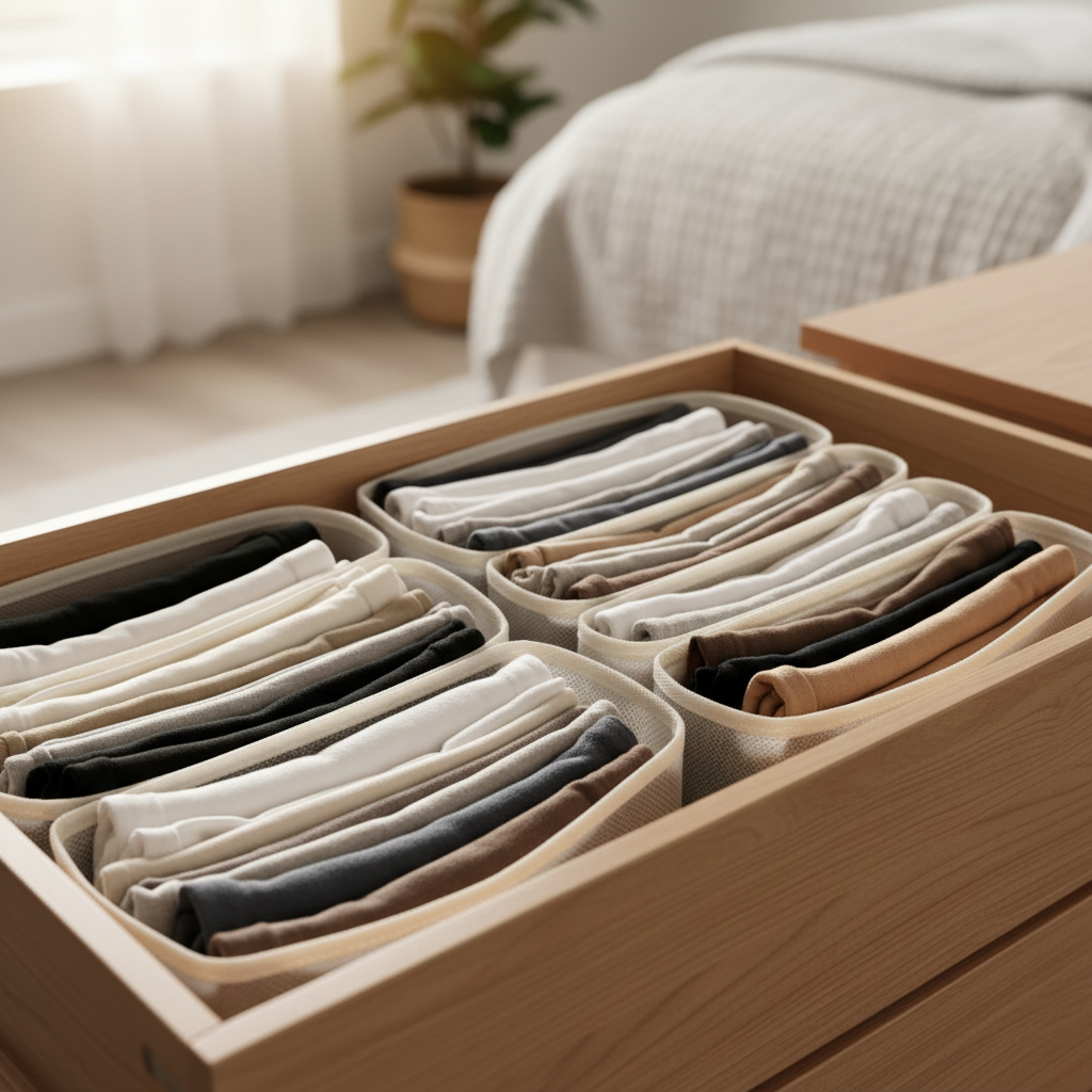 Neatly organized underwear drawer with dividers and folded underwear