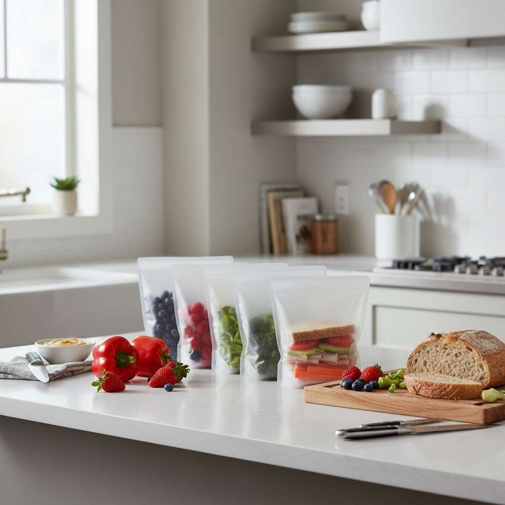 Reusable silicone food bags on a kitchen counter with meal prep ingredients