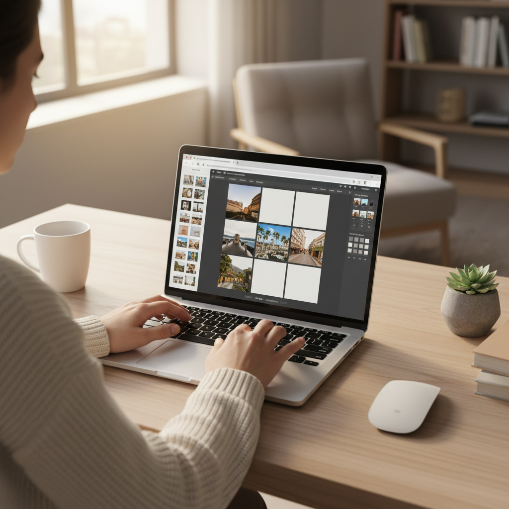 User creating a photo collage in a free online collage maker on a laptop