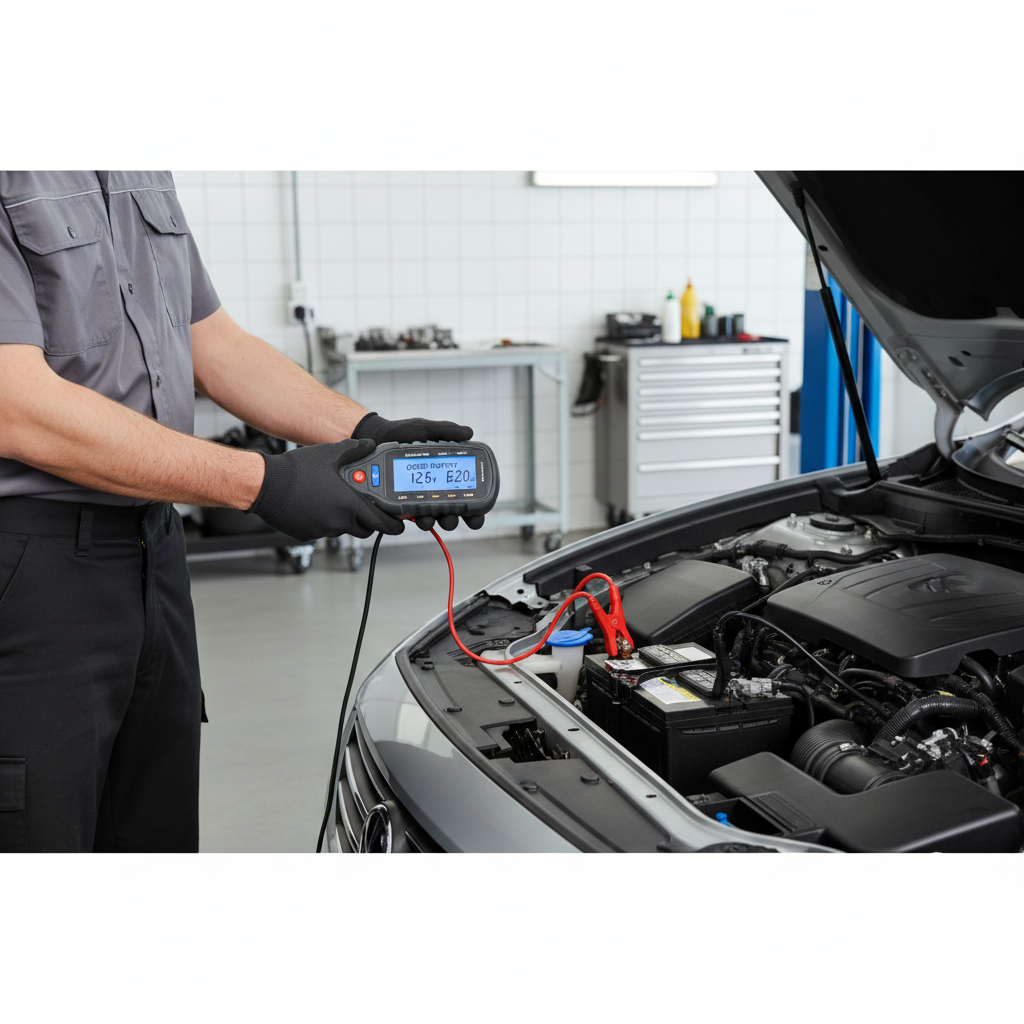 Technician performing a car battery load test with a handheld tester