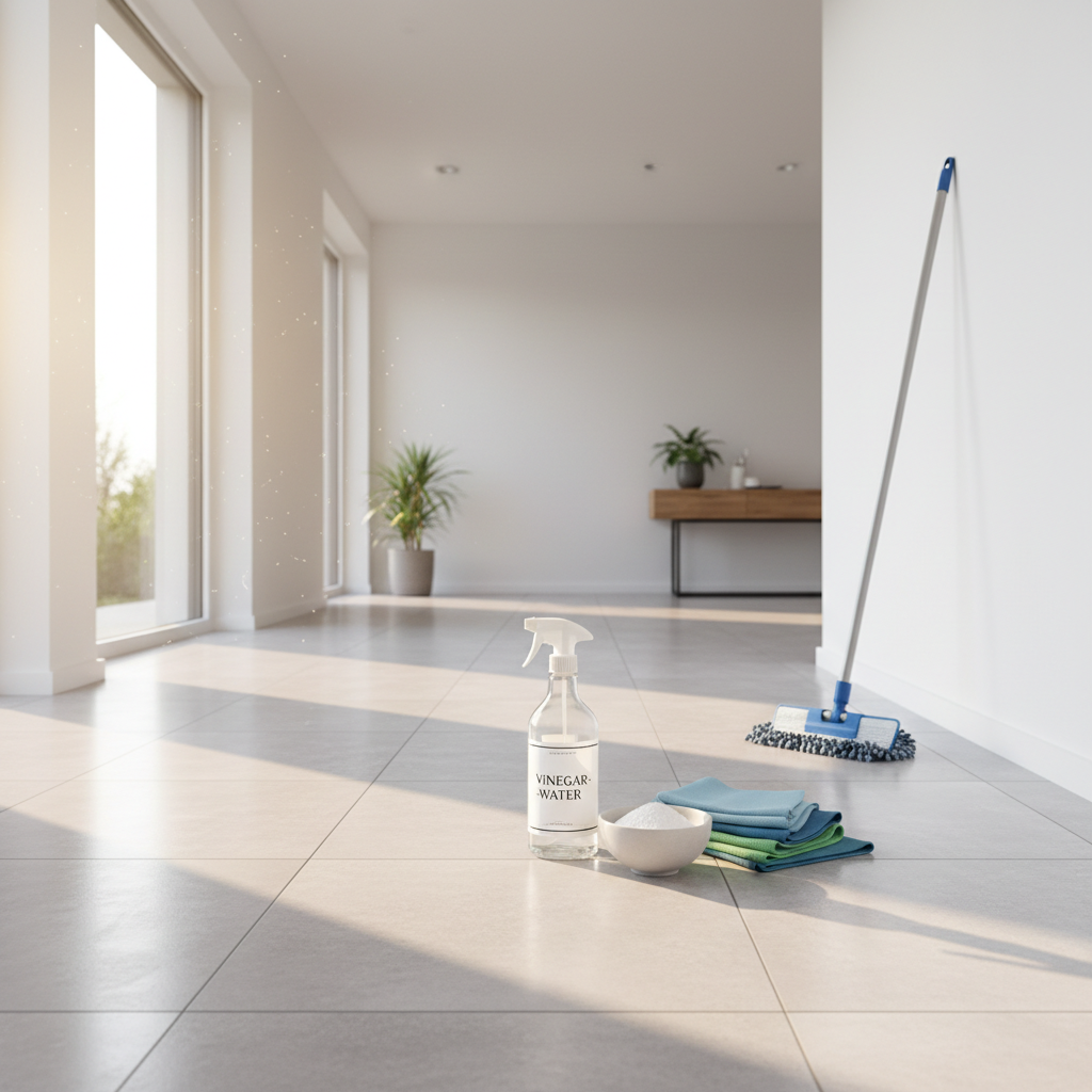 Natural cleaning setup for ceramic tile floor with vinegar, baking soda, microfiber mop