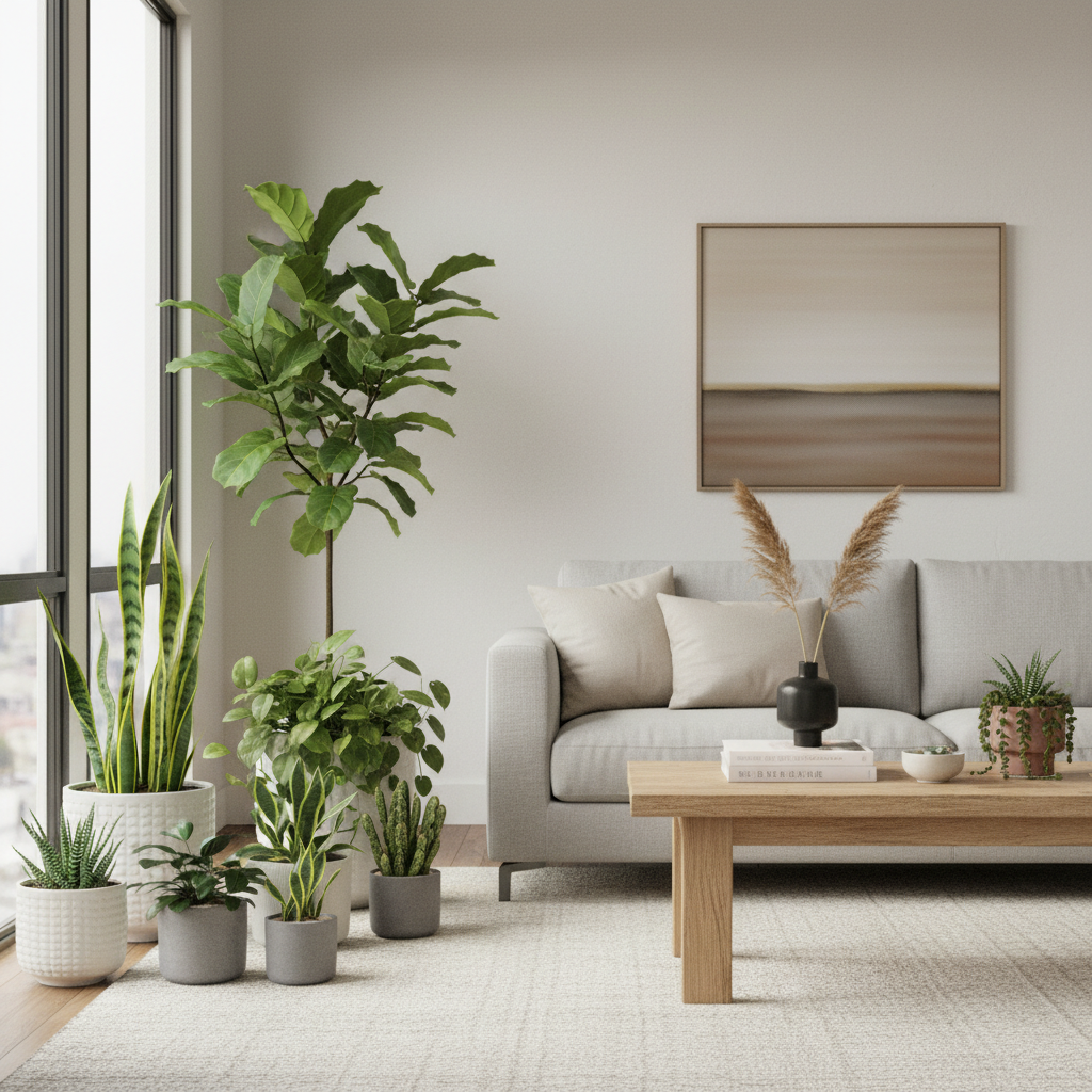 A balanced living room layout with potted plants grouped by height near a window