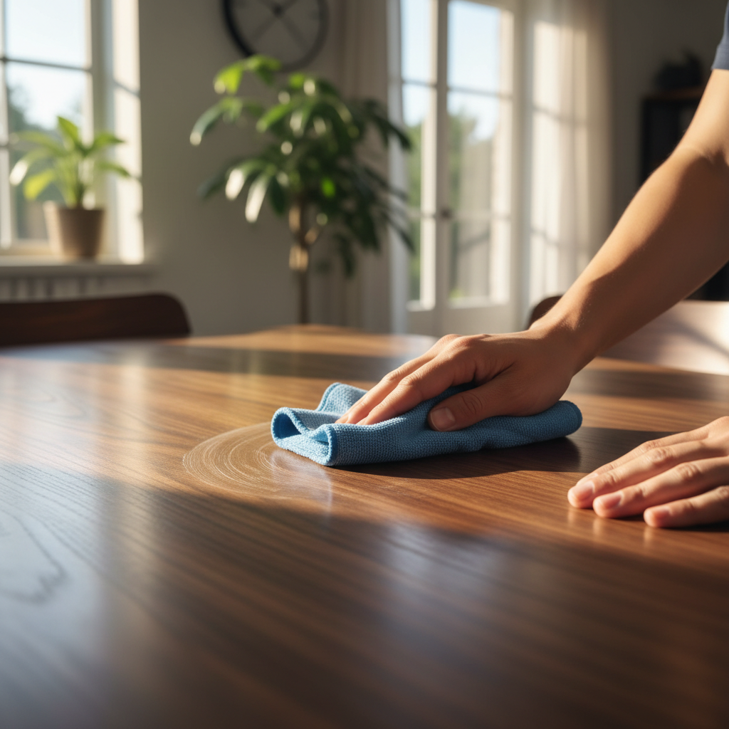 Applying wood polish with a microfiber cloth to blend repaired area on wood furniture