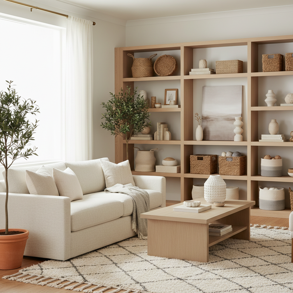 Stylish woven storage baskets in a modern living room shelving unit