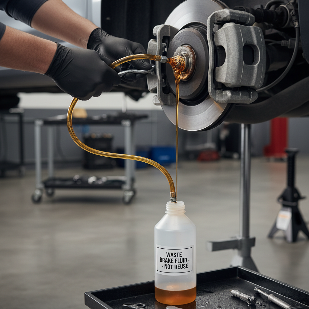 Technician bleeding brakes with clear hose and catch bottle at a rear caliper