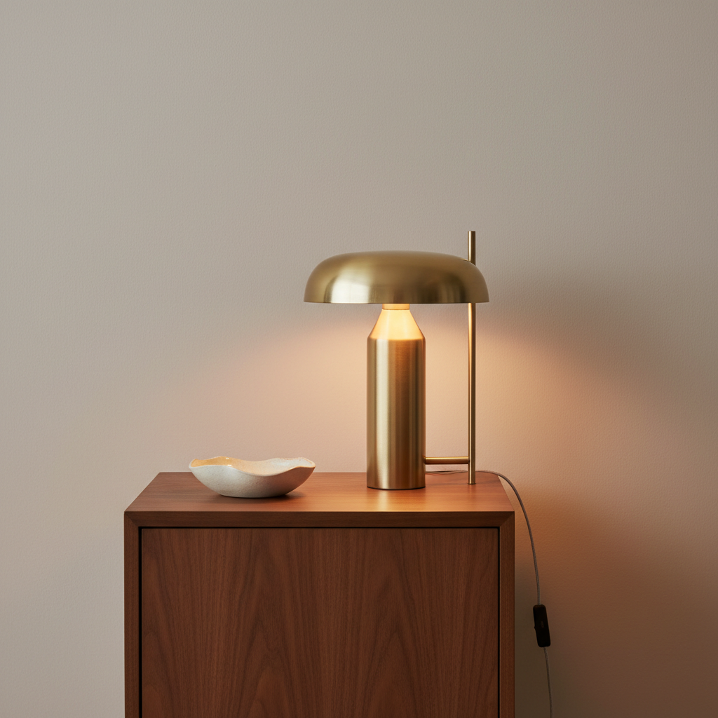Mid century modern side table decor with statement lamp and minimal accessories