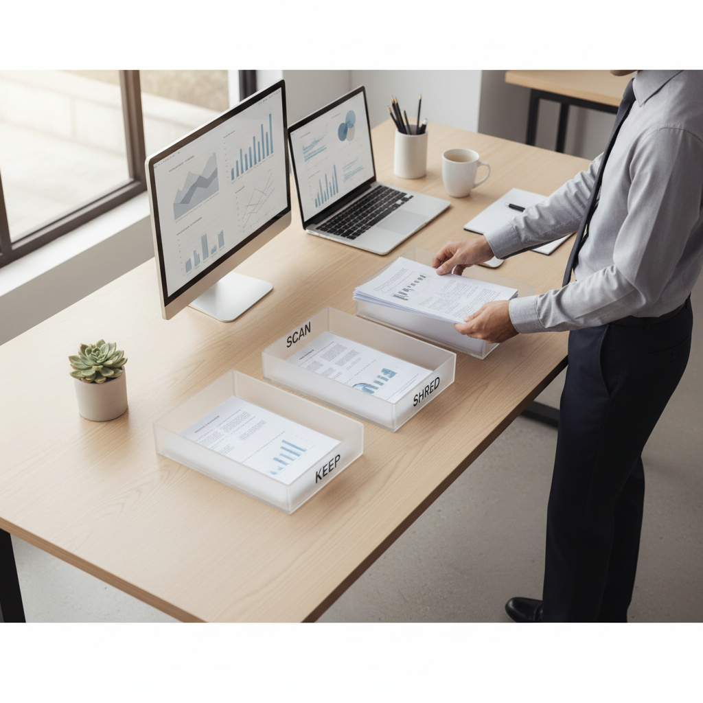 Office worker sorting documents into keep, scan, and shred piles