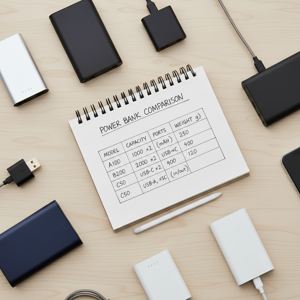 Portable power bank selection factors chart with capacity ports and weight