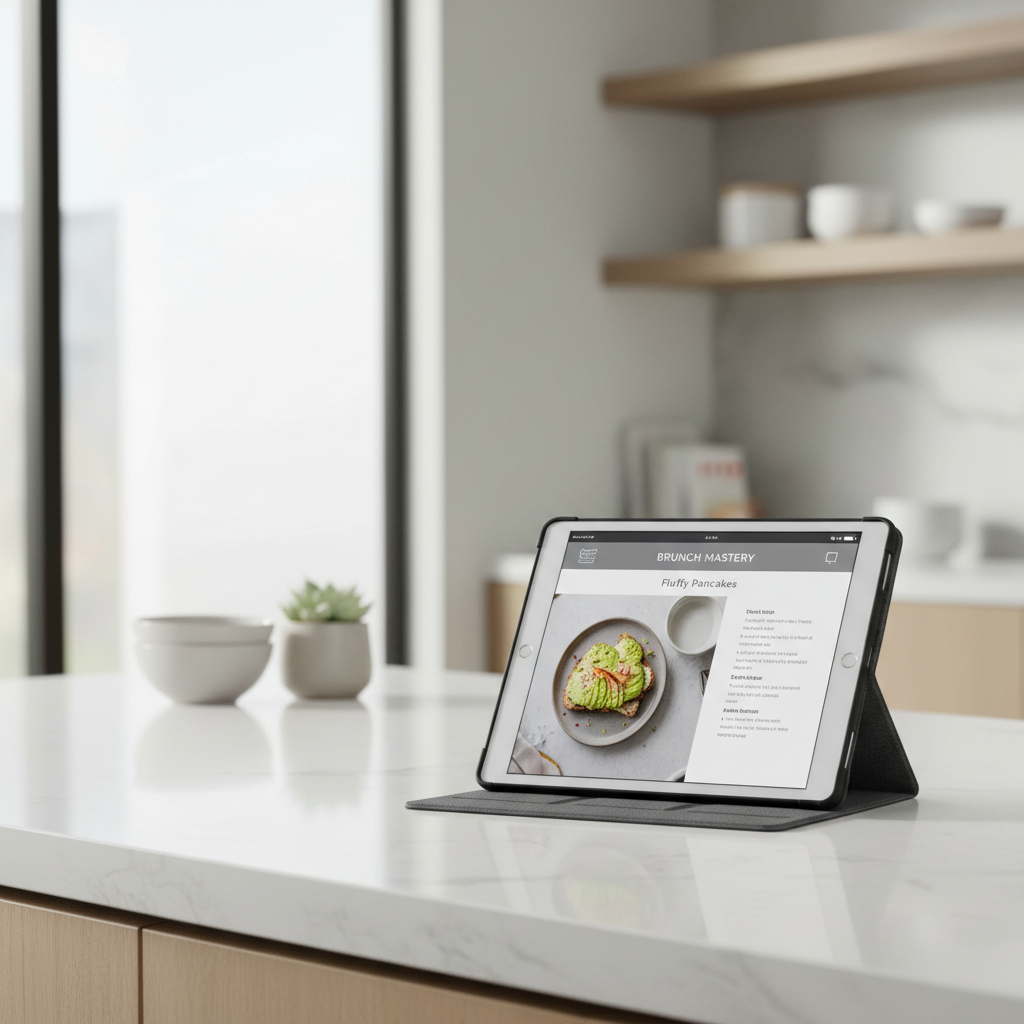 Tablet in a folio case used on a kitchen counter with stable stand angle