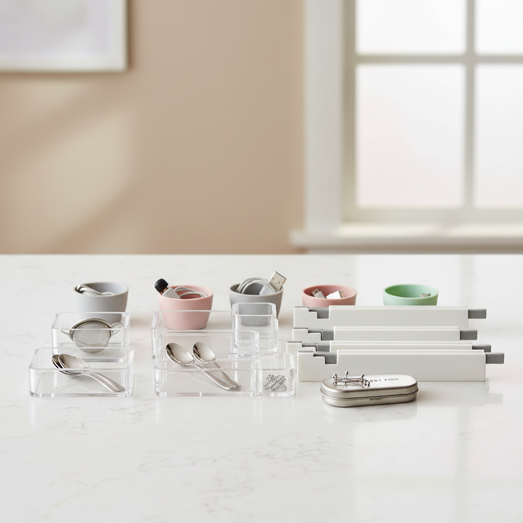 Low-profile drawer organizers for hair accessories including mini trays, silicone cups, and acrylic dividers