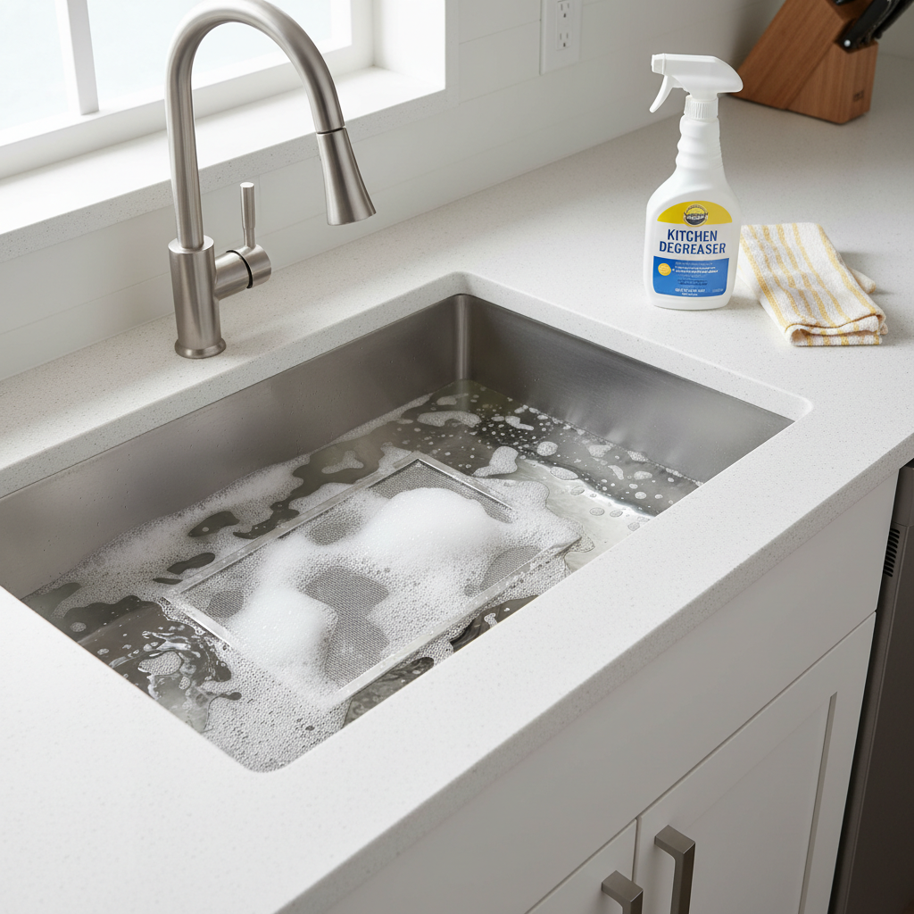 Soaking a metal range hood filter in a sink with hot water and degreaser