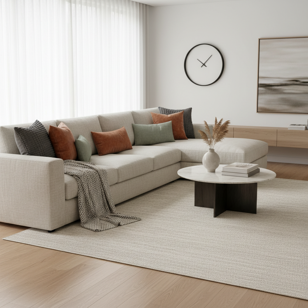 Neutral sectional with accent pillows in a cohesive color palette and mixed textures