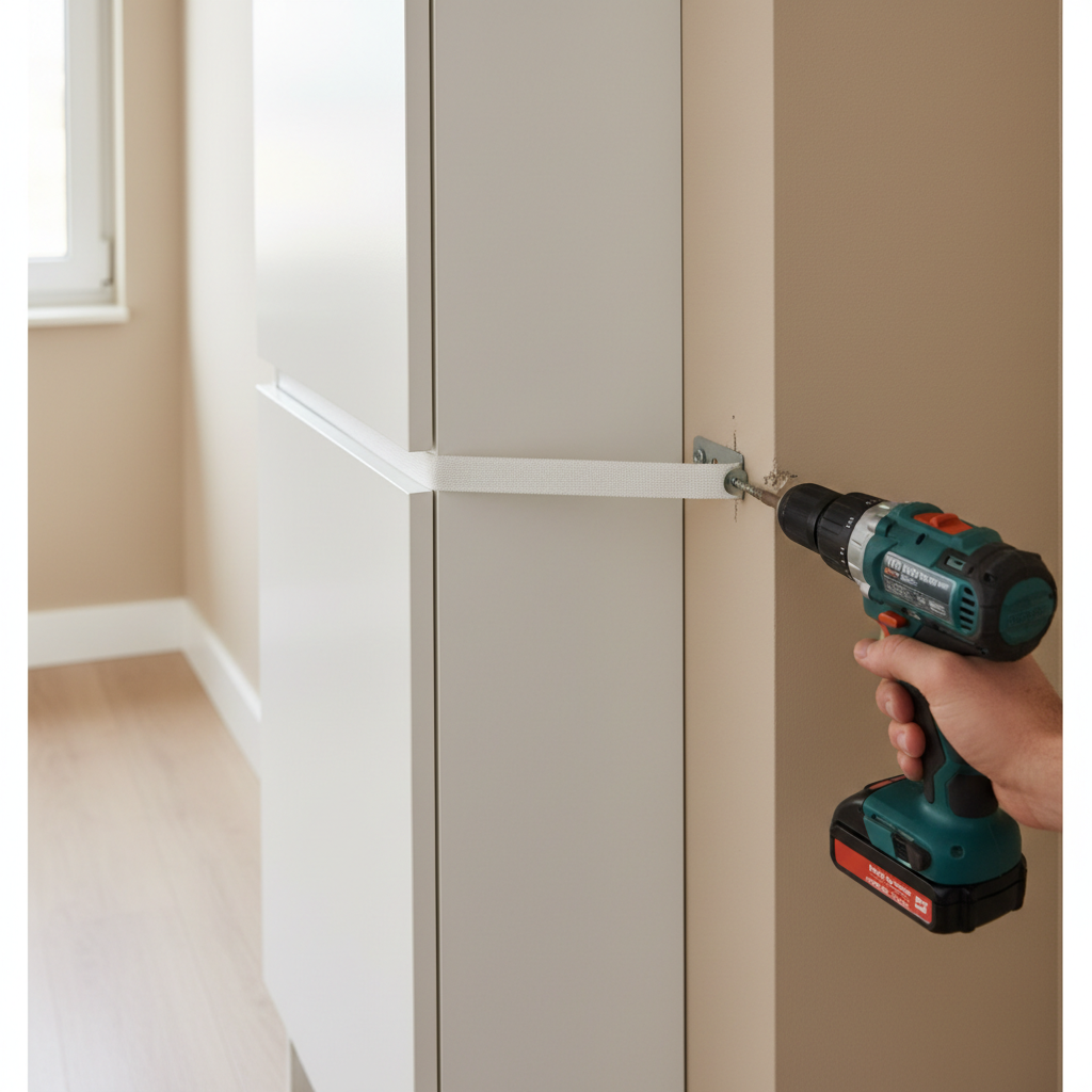 Anchoring a tall slim storage cabinet to wall studs with anti-tip hardware in a hallway