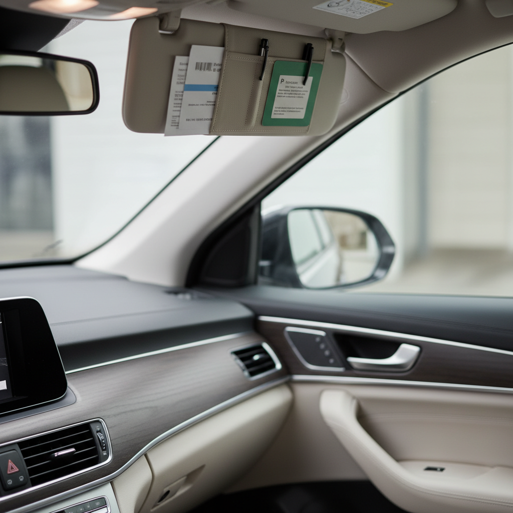 Car sun visor organizer holding registration insurance cards and parking passes