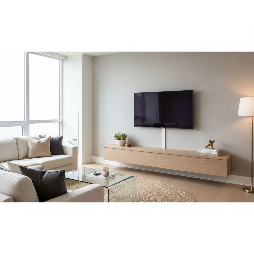 Wall-mounted TV with cords hidden using cable raceway and clean media console setup