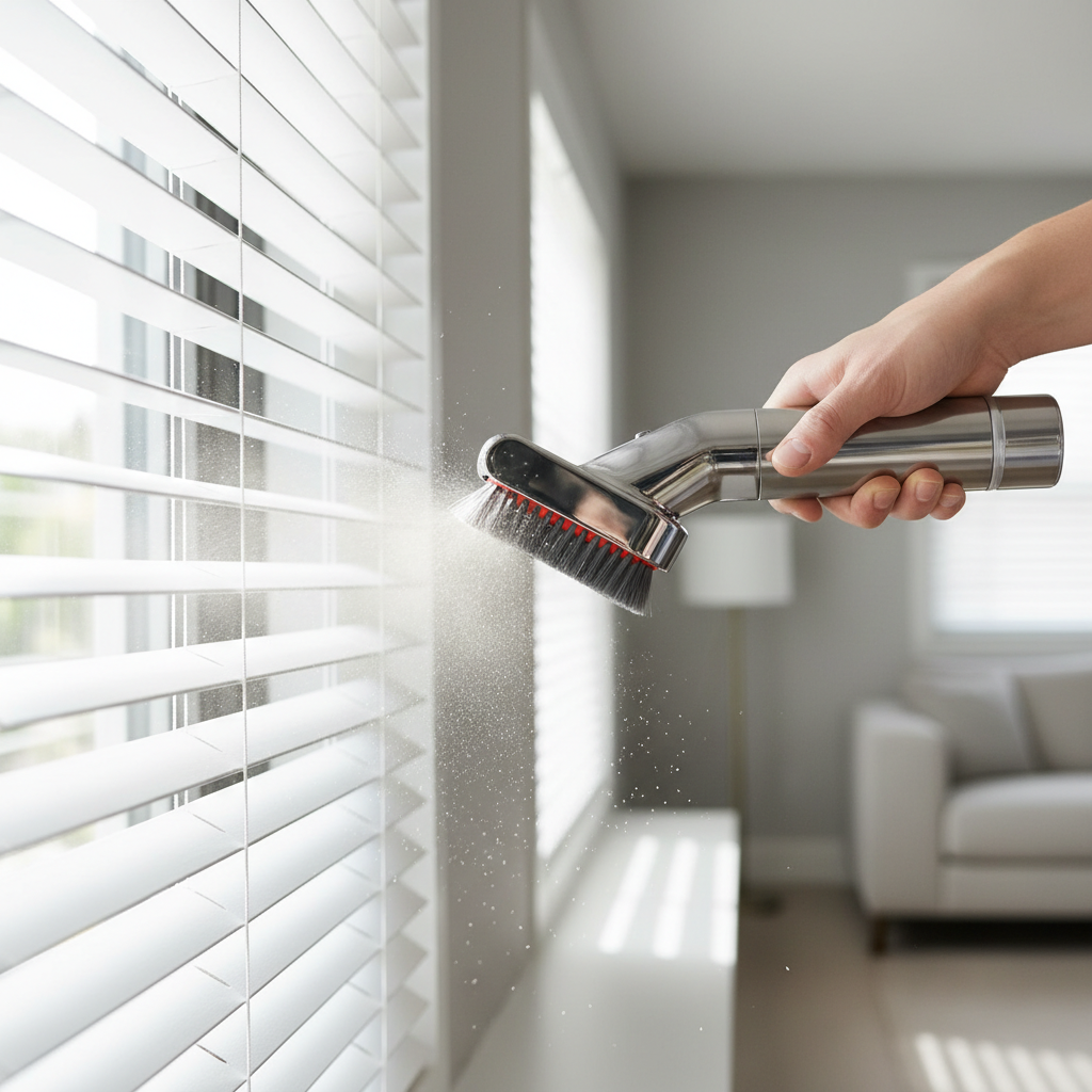 Vacuum brush attachment cleaning horizontal blinds to capture dust