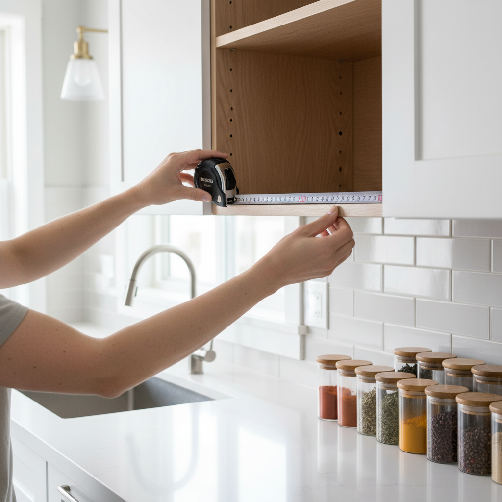 Measuring cabinet shelves for spice organizers and risers