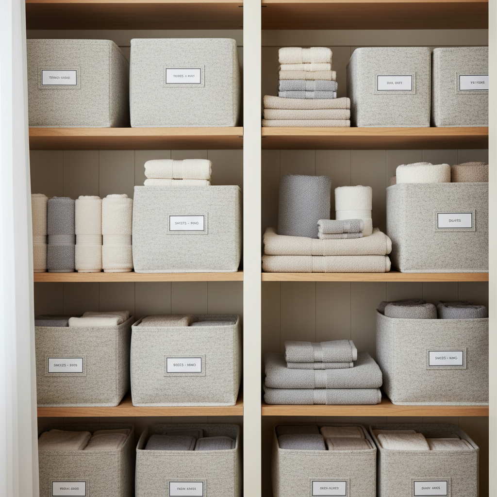 DIY fabric storage boxes in a linen closet with labeled bins and folded towels