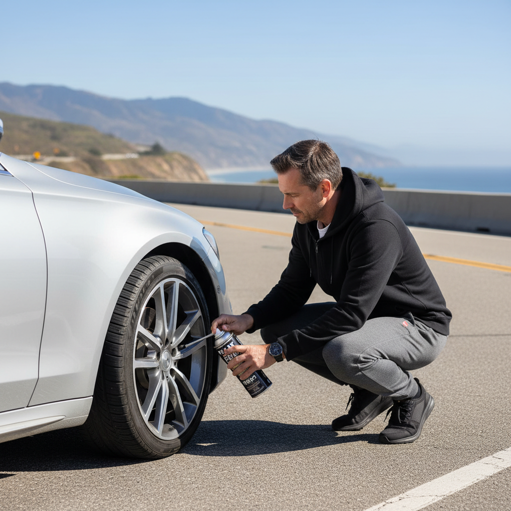 Driver using aerosol tire sealant on a punctured car tire on the roadside