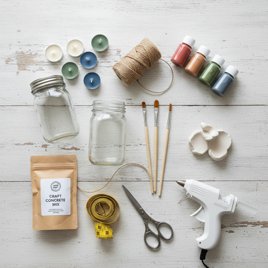 DIY candle holder materials laid out: glass jars, twine, clay, paint and tools