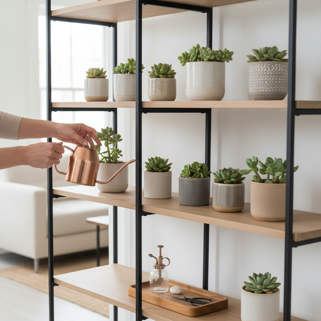 Hands arranging succulents on open shelves with watering access and spacing