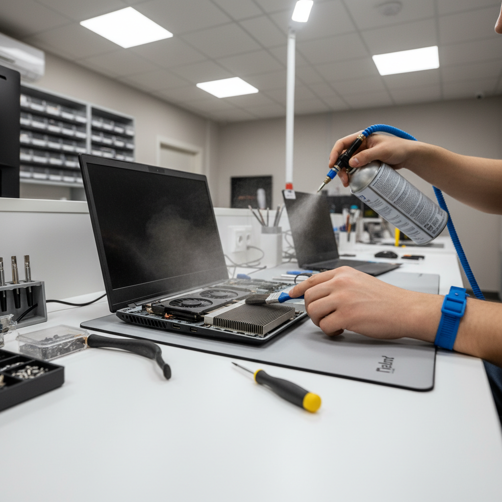 Technician cleaning laptop fans and heatsink for better gaming temperatures