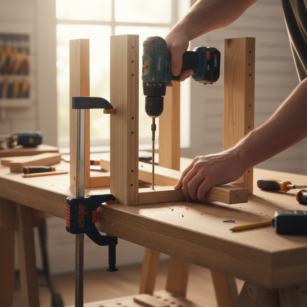Hands assembling a wooden plant stand frame with a drill and clamps in a home workshop