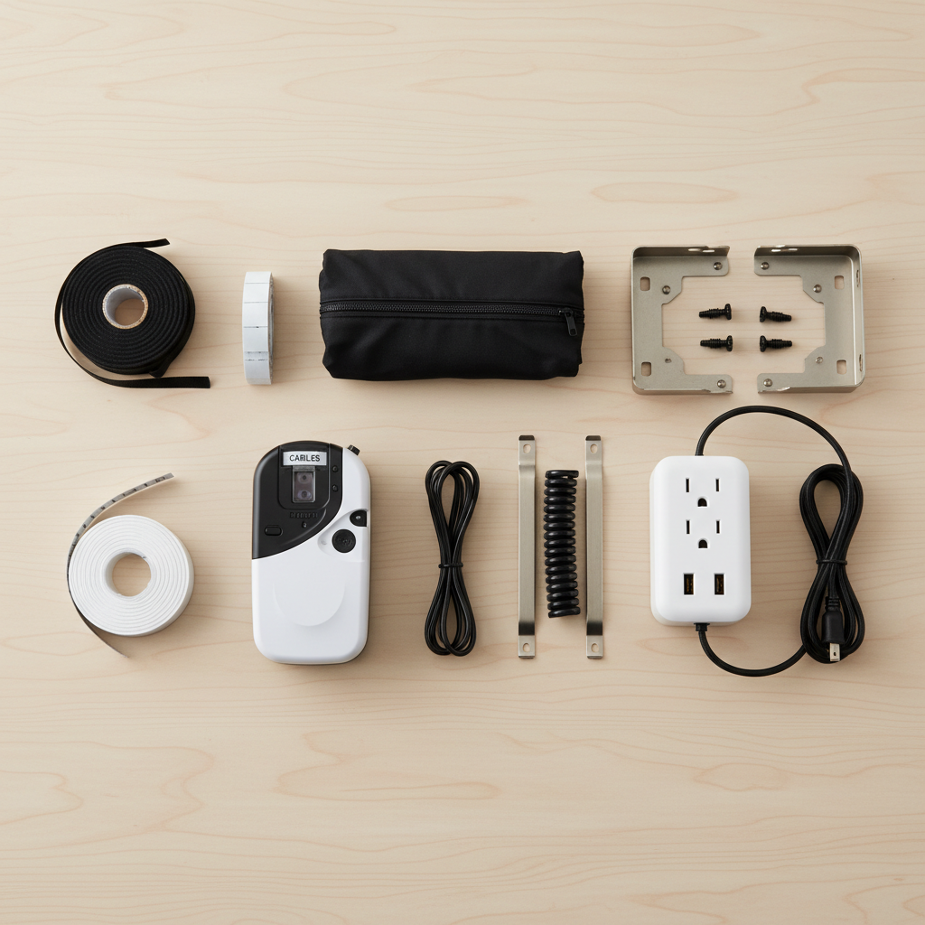 Cable management tools like Velcro ties, labels, cable clips, and an under-desk tray