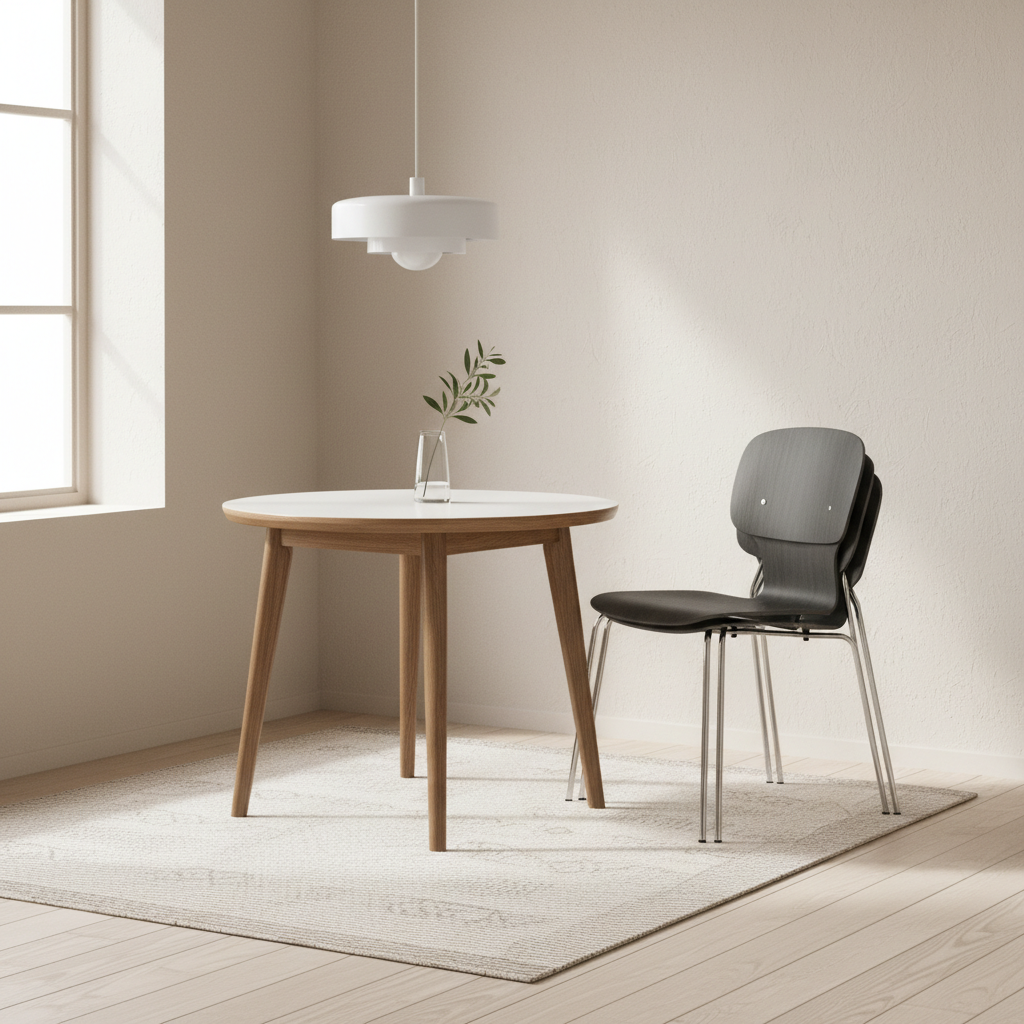 Small dining nook with stackable chairs stored neatly against a wall