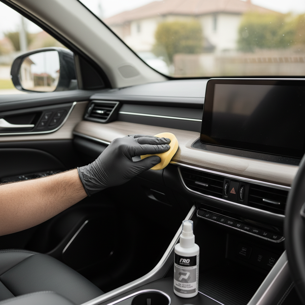 Applying a matte protectant to car interior plastic trim with applicator pad