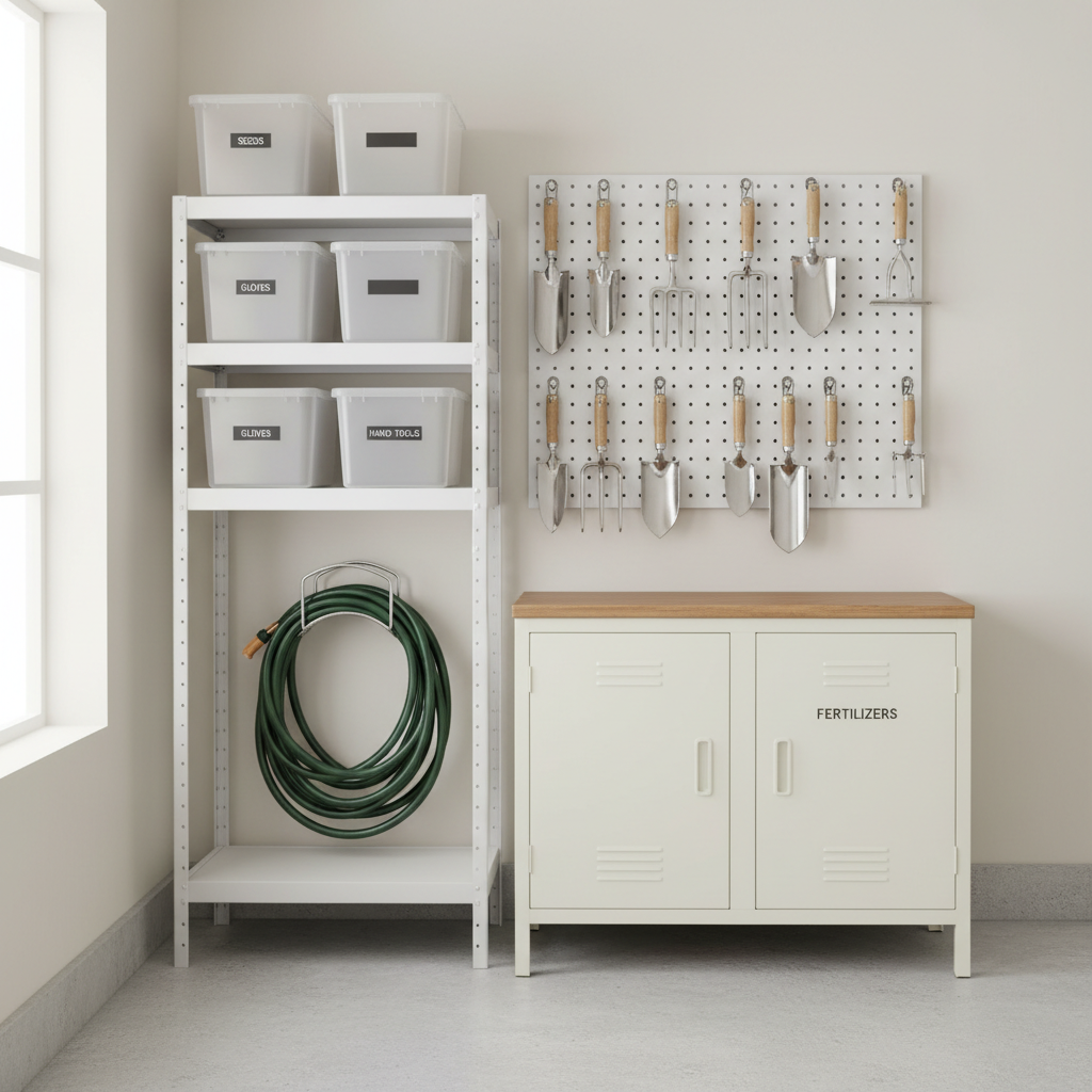 Garage gardening storage zones with labeled bins and a hose reel