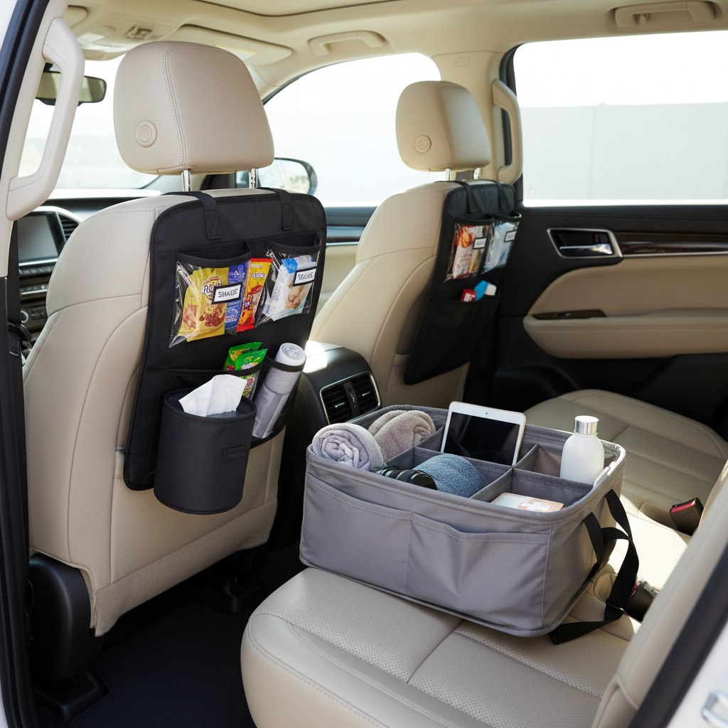 Organized back seat with storage zones for snacks, trash, and travel gear