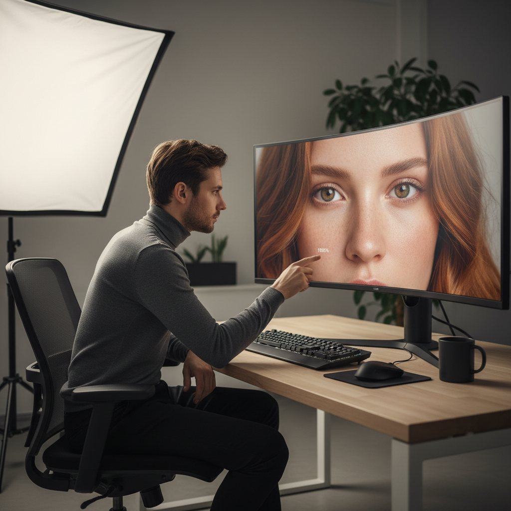 Quality check of an upscaled portrait at 100% zoom for artifacts