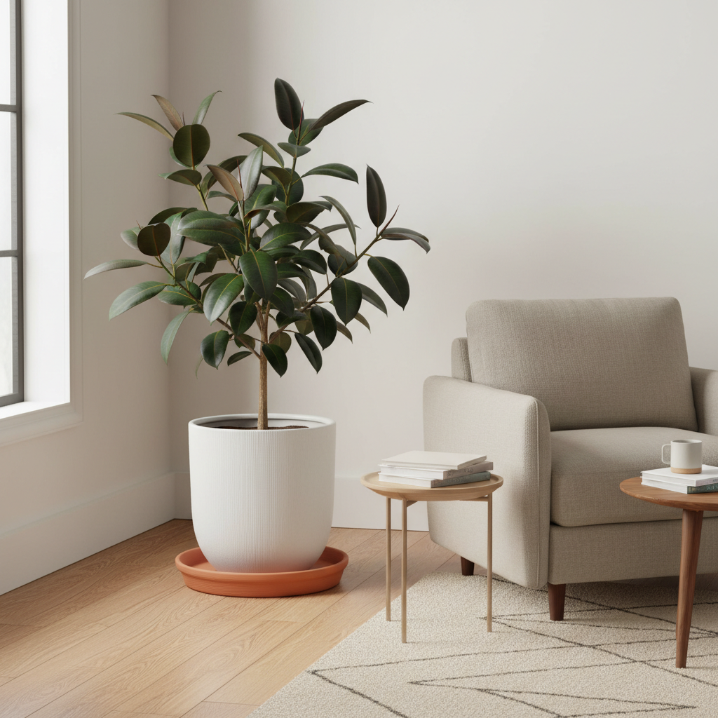Living room floor planter setup with stable base and protective saucer