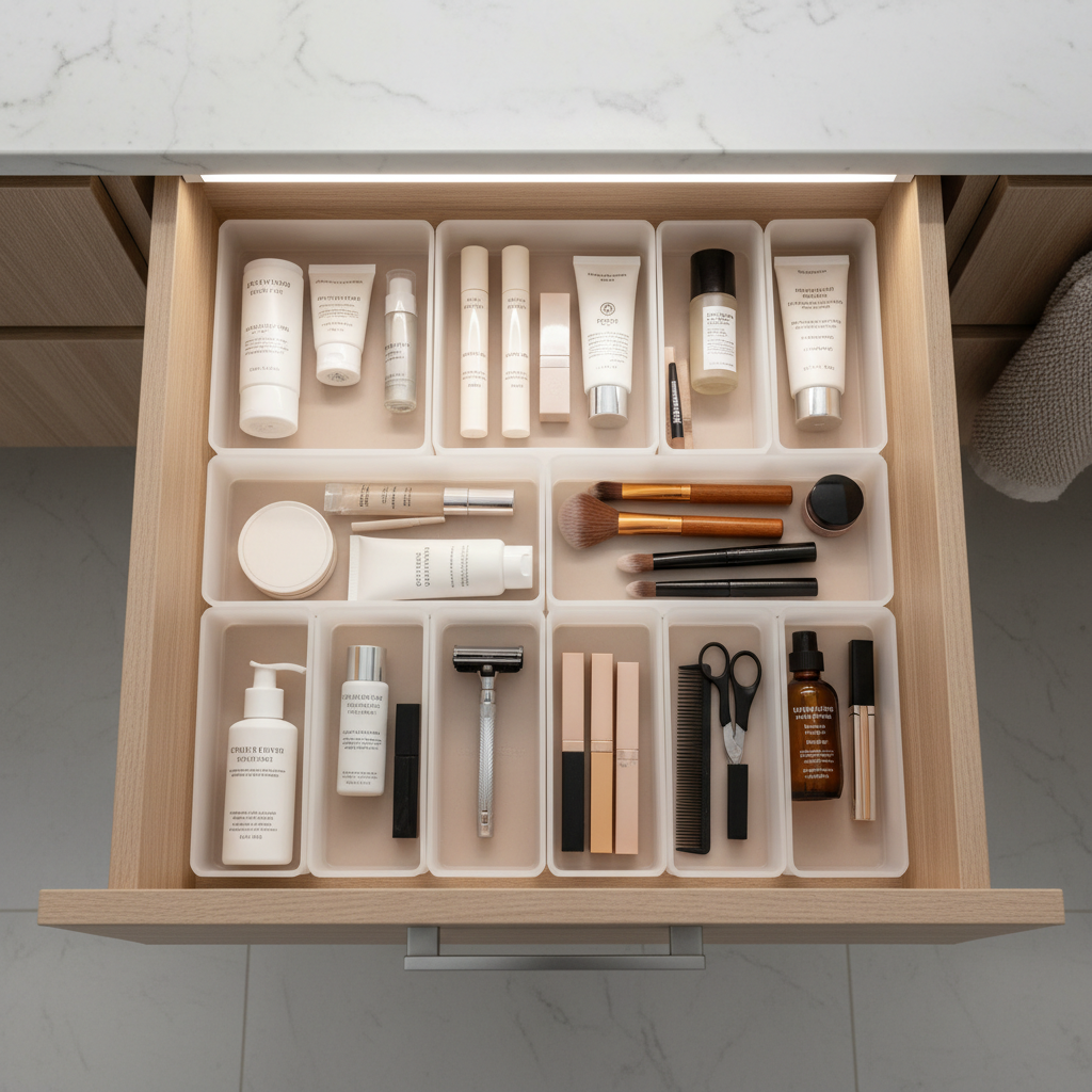 Bathroom vanity drawer with modular dividers separating skincare and makeup by routine