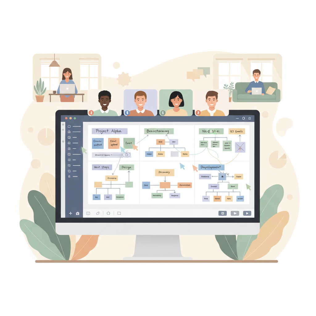 Remote team collaborating on a free online whiteboard during a planning session