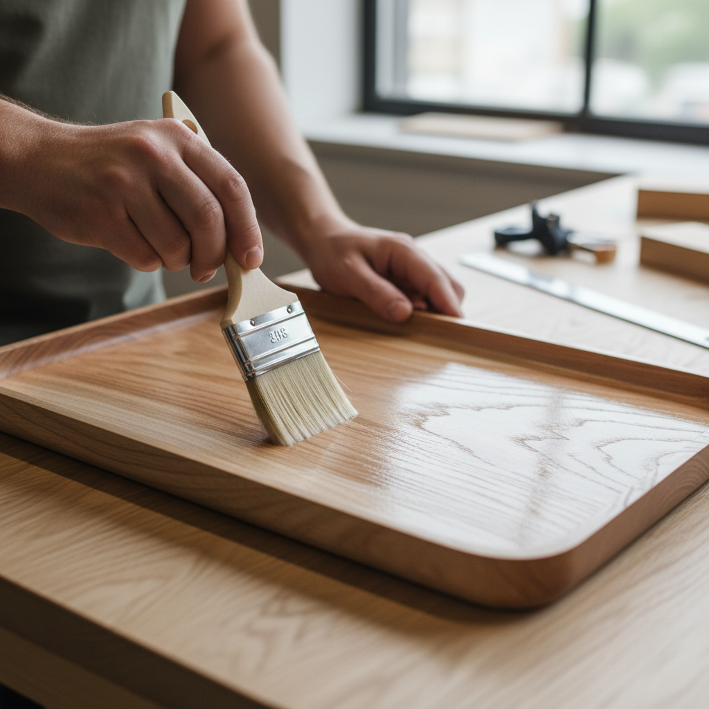 Applying a clear protective finish to a wooden tray with a brush