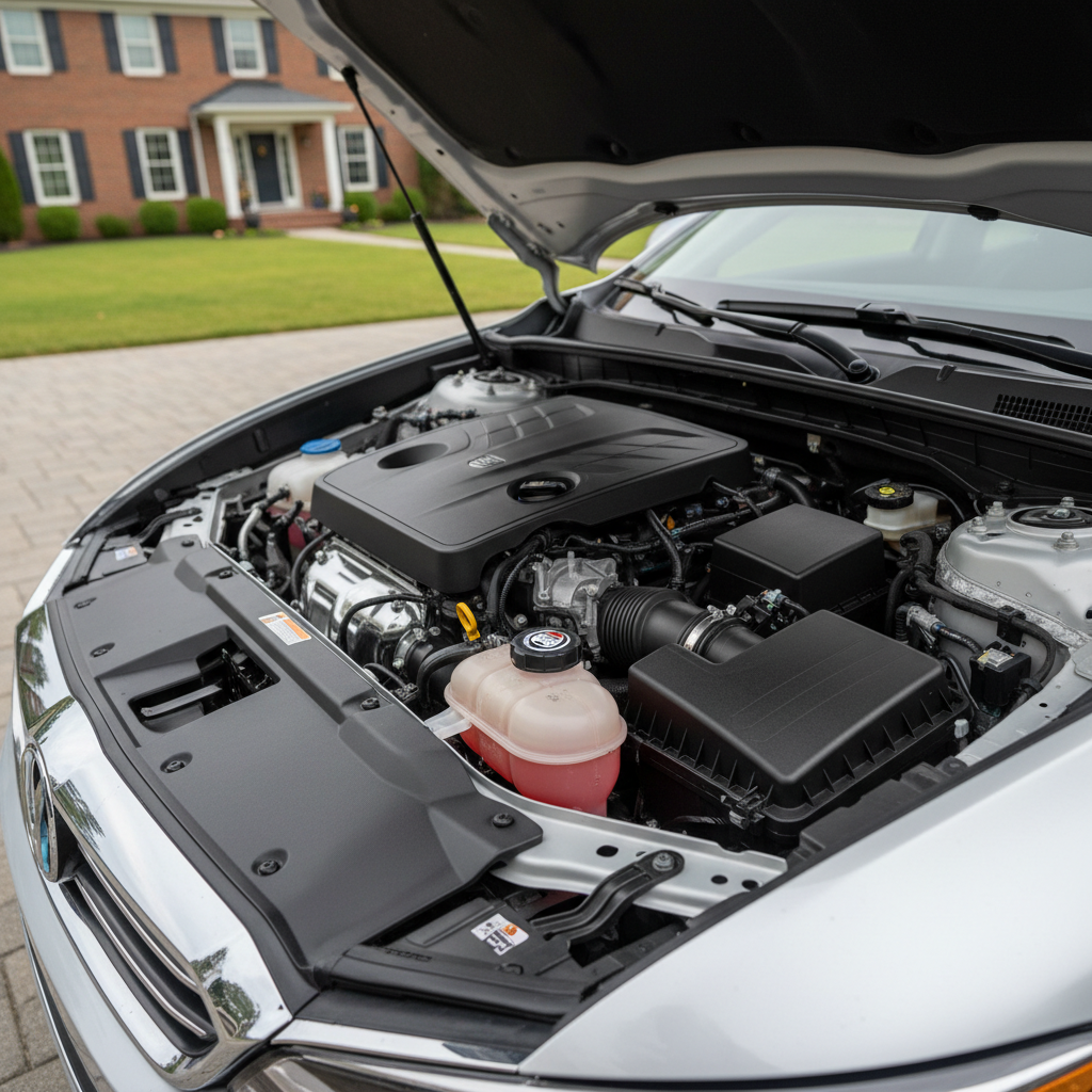 Open hood showing power steering fluid reservoir location