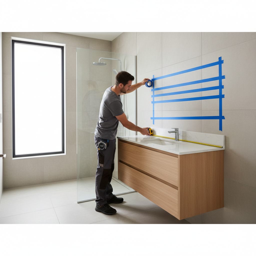 Measuring bathroom vanity and mirror placement with tape measure
