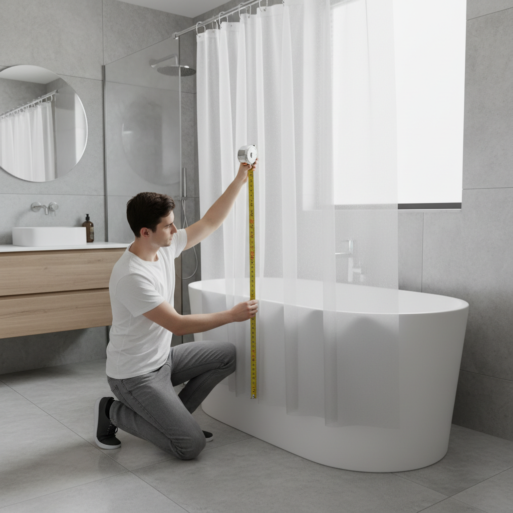 Hand measuring shower curtain liner length inside bathtub with tape measure