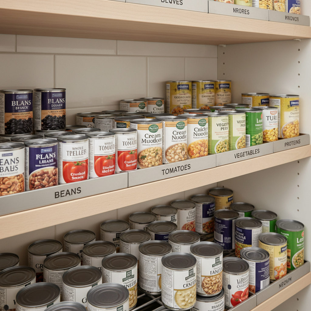 Pantry can organization zones labeled by category with risers and bins